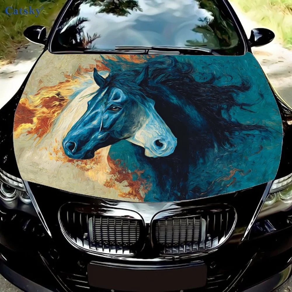 

Vibrant car hood cover featuring a blue horse with flowing mane, set against fiery orange and teal background. Perfect for uniqu