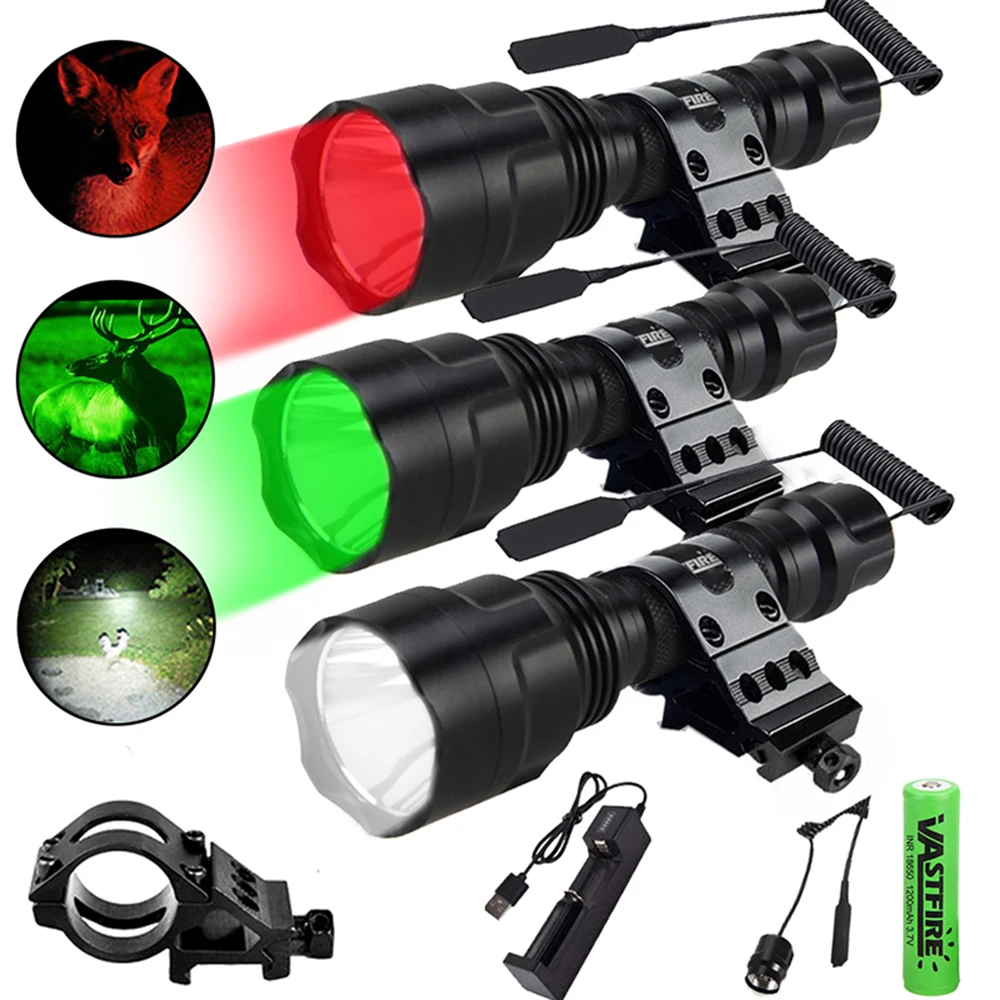 Powerful High Lumen LED Flashlight Red/Green/White Light LED Super Bright Hunting Torch lamp With Box+Battery+Pressure Switch