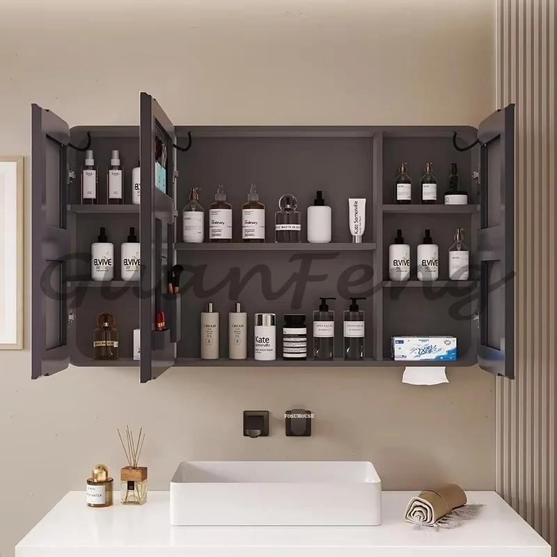 Curved Intelligent LED Mirror Cabinet Wall Mounted Lighted Bathroom Medicine Cabinet Modern Home Vanity Storage Mirror