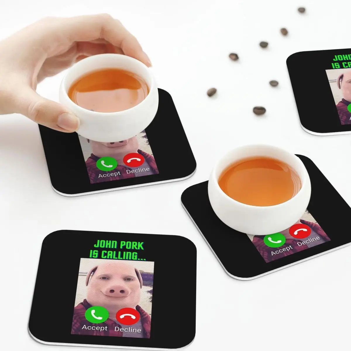 John Pork Is Calling Coasters PVC Leather Placemats Insulation Coffee Mats for Decor Home Kitchen Dining Pads Set of 6