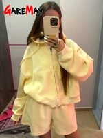 Women's Summer Tracksuit with Shorts Zipper Cotton Oversize Top and Shorts Two Piece Set Casual Sports Yellow Suit for Women - Image 2