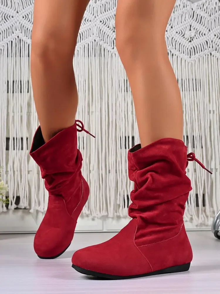 Einteilige Damen-Stiefeletten in Nude – Modische und lässige, elastische, flache Stiefel mit niedrigem Schaft, plissiert, einfarbig, runde Spitze – Detail 19