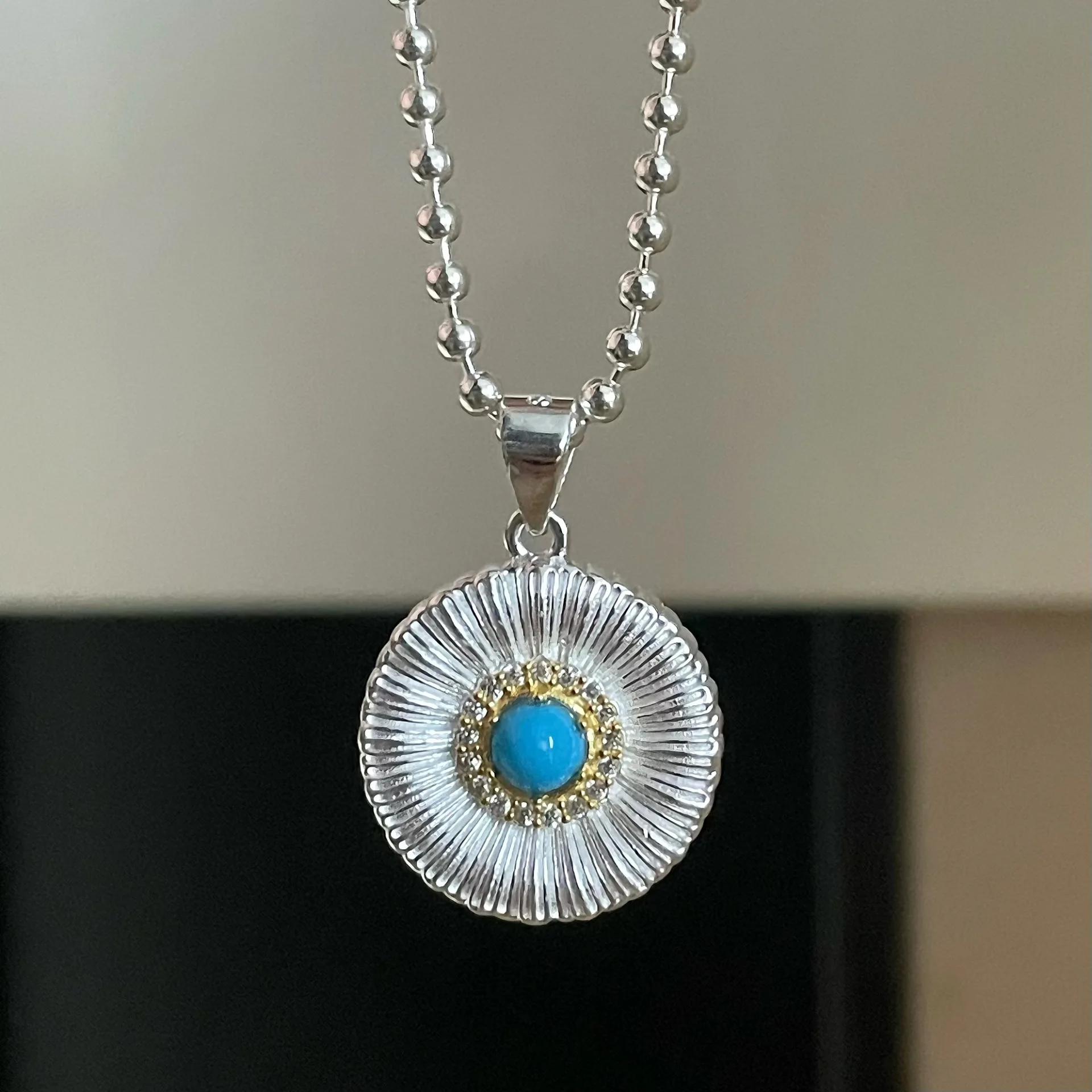 BOCAI NEW S925 Sterling Silver Jewelry With  Buchi Style Brushed Turquoise Daisy Pendant Vintage Exquisite and Light Luxury