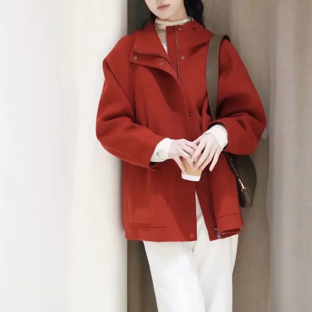 

Autumn and winter new new year's robe red short strap-up double-sided woolen parka women's coat