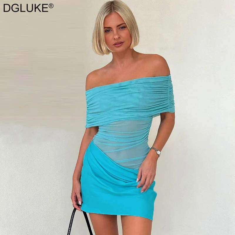 

DGLUKE Off Shoulder Mesh Mini Dress Women Side Draped Backless Sexy Party Dress Summer Fashion Patchwork Short Dresses