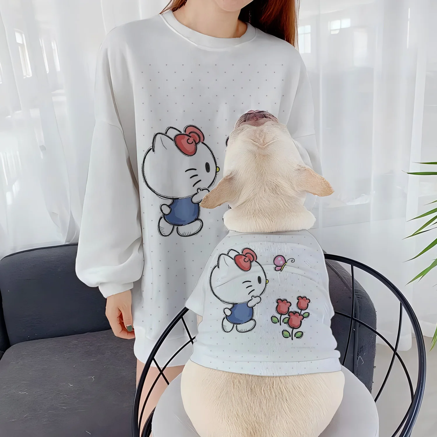 Round Neck Sweatshirts Autumn Winter Puppy Casual Women's Clothing Parent-Child Clothes Pet Dog Hello Kitty Long Sleeve Pullover