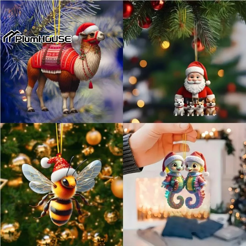 2D Christmas Tree Pendant 2D Flat Acrylic Xmas Tree Hanging Ornaments Cartoon Home Decor New Year Christmas Gifts