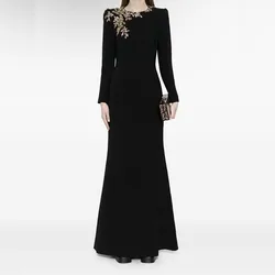 Elegant Black Velvet Evening Dresses Appliques O-Neck Long Sleeve Mermaid Floor Length Special Occasion Prom Party Women Gowns