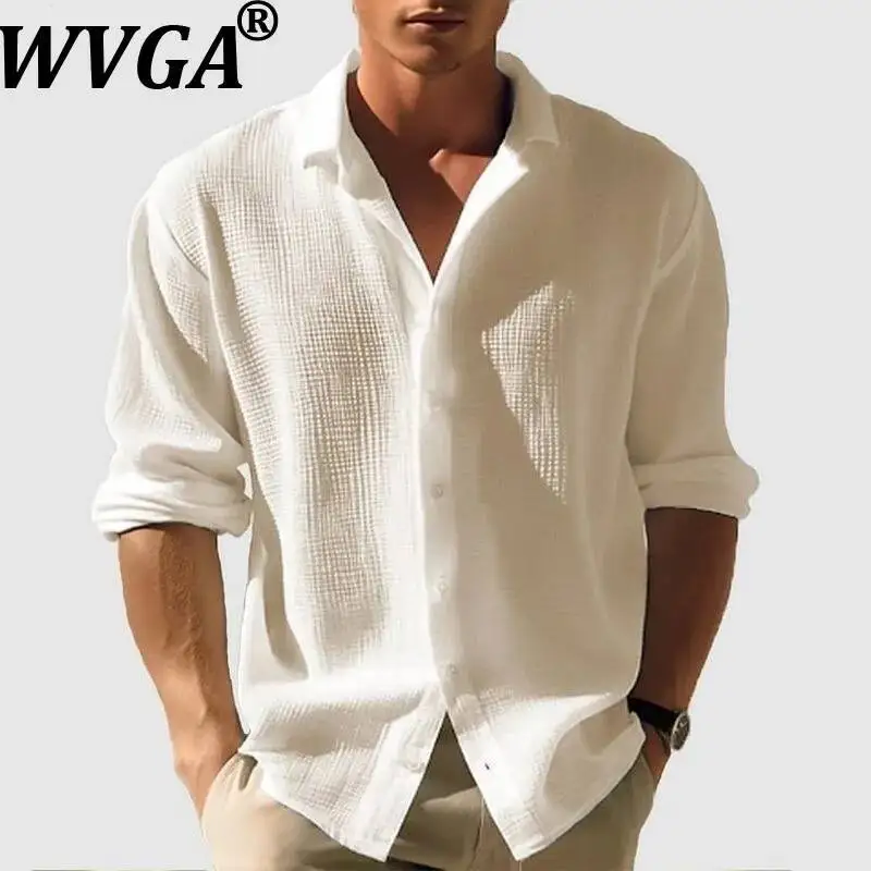 WVGA Spring Autumn Men's Solid Color Waffle Pattern Long Sleeve Single-Breasted Fashion Shirts Niche Chic Casual Tops Ins W23696