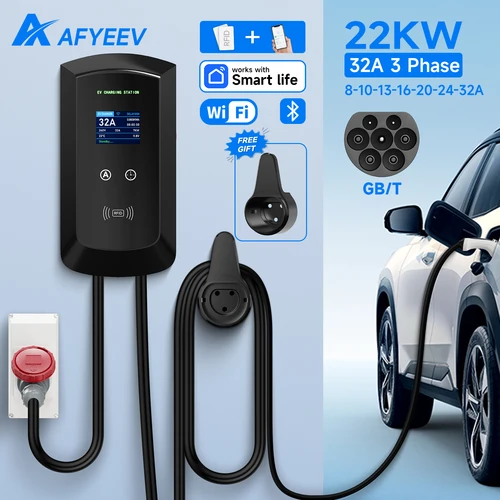 Imagen 1 del producto AFYEEV 22KW GB/T EV estación de carga 32A cargador de coche para vehículo eléctrico EVSE Wallbox montaje en pared RFID WiFi Bluetooth APP Control