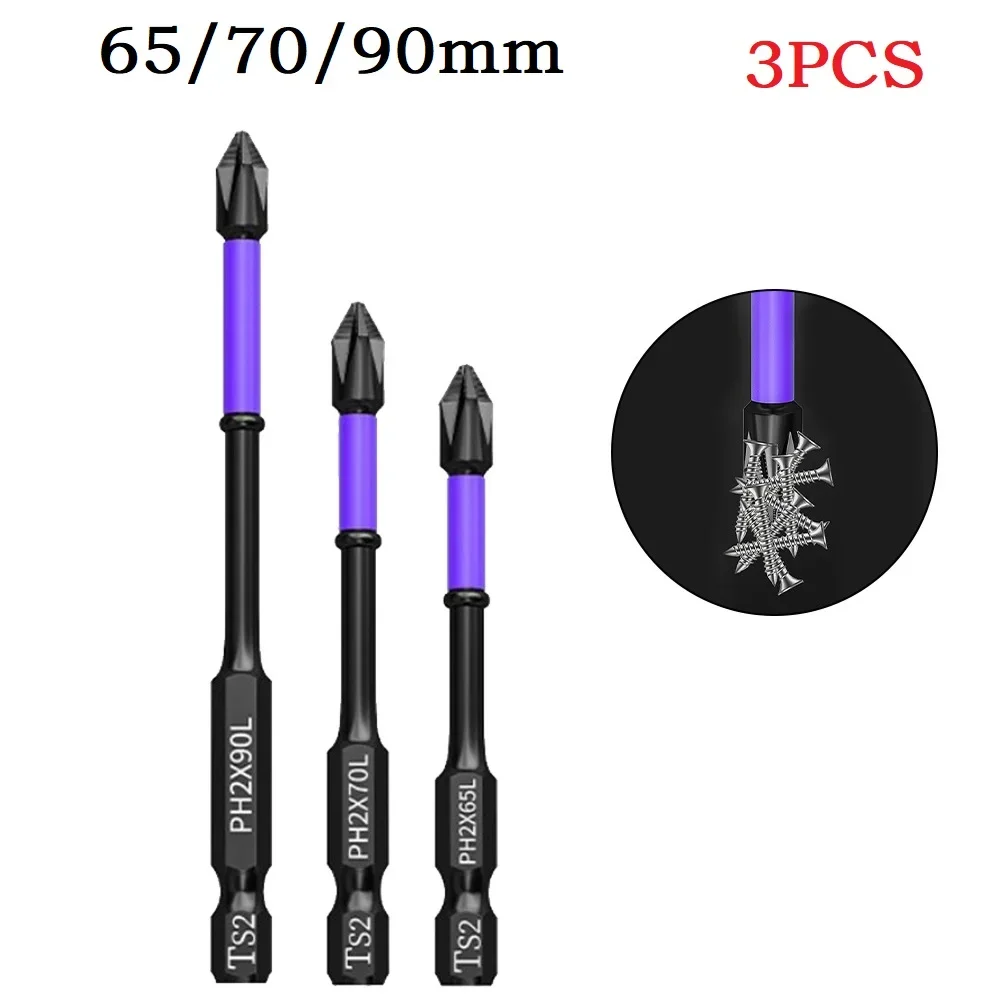 3pcs Magnetic Batch Head Impact Strong Cross PH2 High Hardness Screwdriver Bits 50/65/70/90mm Non-slip Screwdriver Hand Tools