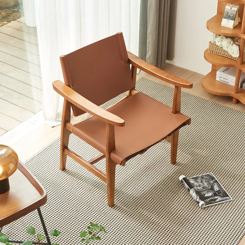 

Italian saddle leather leisure chair ash solid wood home high-end hunting chair balcony back sofa chair hotel homestay