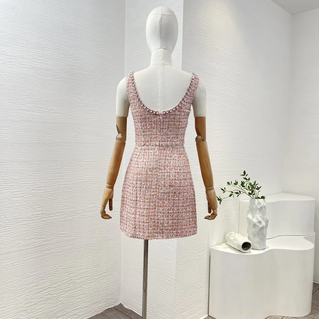 2024 Early Spring Pink Sleeveless Tweed Diamonds Square Collar Mini Dress