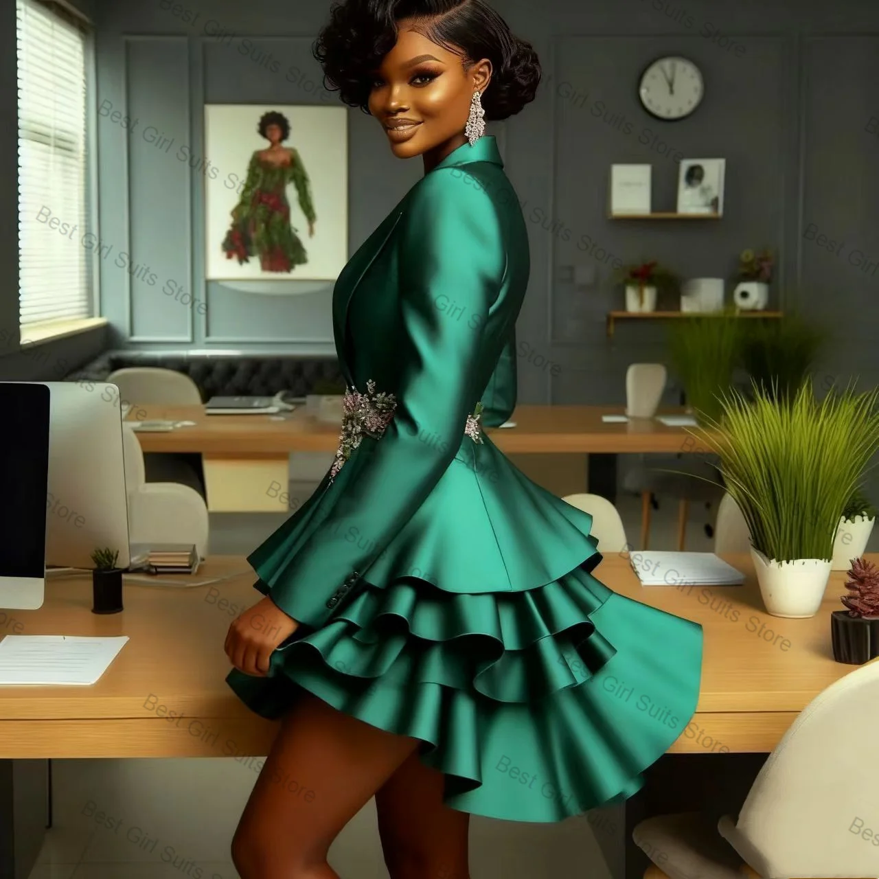 Crystals Green Satin Women Suit 1 Piece Long Blazer Prom Dress Ruffles Formal Office Lady Jacket Customized Prom Wedding Coat image 4