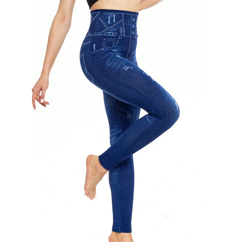 PD474 European and American Casual Fashion Imitation Denim Leggings with High Elasticity Cropped Pants for Women