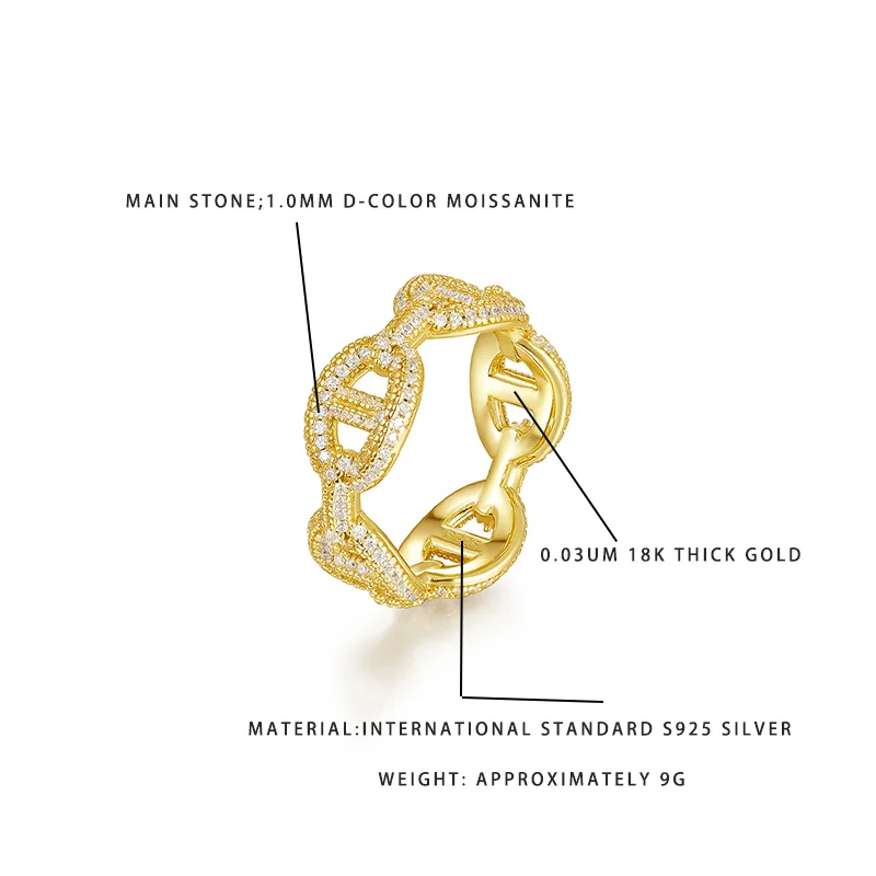 

Fashion Chain Design Ring 1.0MM D-Color Moissanite 18K Gold Plated S925 Silver 9G