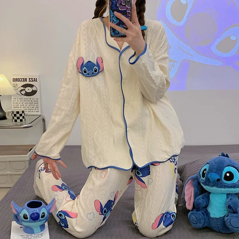 New Disney pajamas, cartoon long-sleeved trousers casual two-piece set Lomi pajamas women\'s Stitch loungewear women\'s pajamas