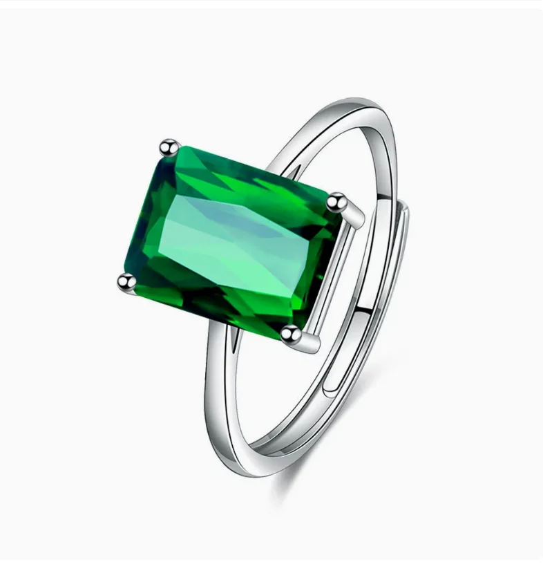 Green Simulated Nano Emerald 925 Sterling Silver Rectangle Adjustable Ring for Women Emerald Cut Gemstone Fine Jewelry Anillos
