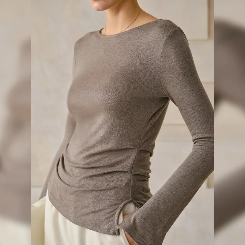 

Wool Women's Base T-shirt Autumn Winter Round-neck Long-sleeved Slim Irregular Slit Top Pullover Sweater Gray Comfortable Shirt