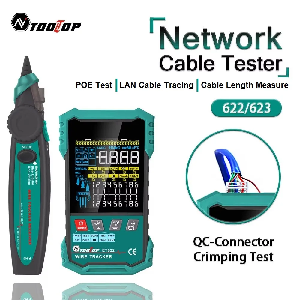 TOOLTOP 400M Digital Network Cable Tester Length Measurement Lithium Battery AC/DC Multimeter POE Home Network Line Diagnostics