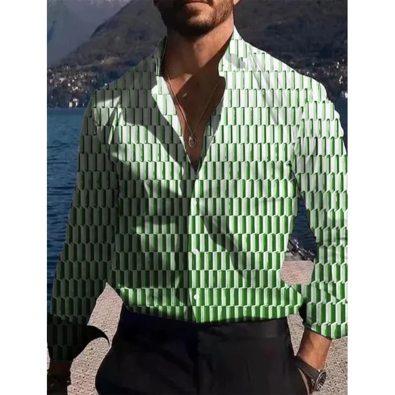 Men's Shirt Pattern Printing Geometric Fold Green Outdoor Street Long Sleeved Printed Clothing Fashion Street Clothing Designer