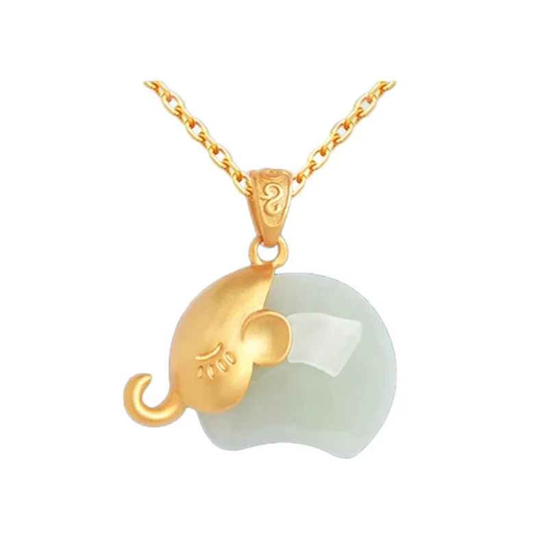 Natural Hotan White Jade Cute Small elephant Pendant Necklace Simple Retro Chinese Style Ancient Gold Craft jewelry for women