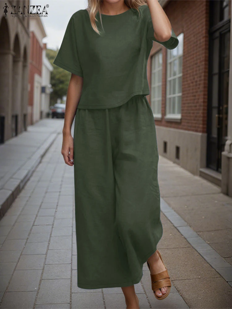 

ZANZEA Vintage 2PCS Women Matching Sets 2025 Summer Outfits O Neck Short Sleeve Blouse Solid Pant Sets Casual Work OL Tracksuits