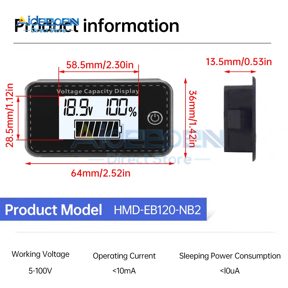 DC5-100V Wskaźnik poziomu ładowania akumulatora samochodowego Miernik pojemności akumulatora kwasowo-ołowiowego Tester wyświetlacza Tester LCD