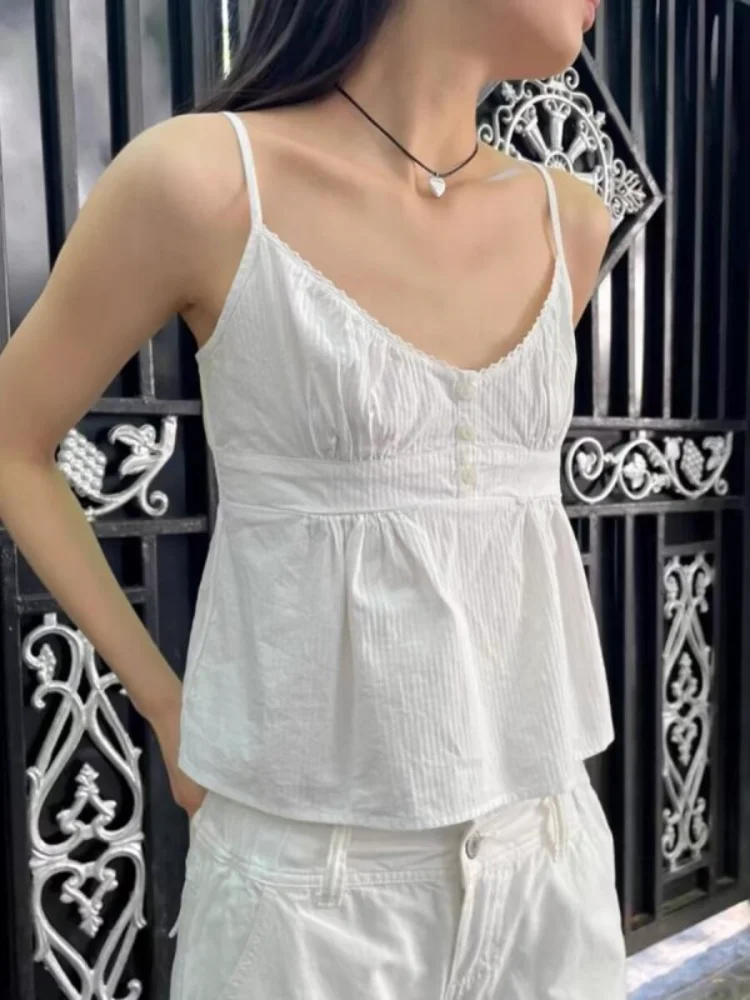 

Women 2025 New Fashion Little Pleated Poplin Top Tank Tops Vintage Backless Female Camis Chic Tops