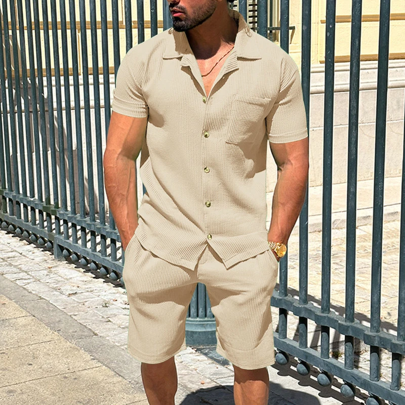 Solid Color Texture Shirts And Shorts Mens Two Piece Sets Summer Casual Short Sleeve Buttoned Lapel Shirt Outfits Men Streetwear