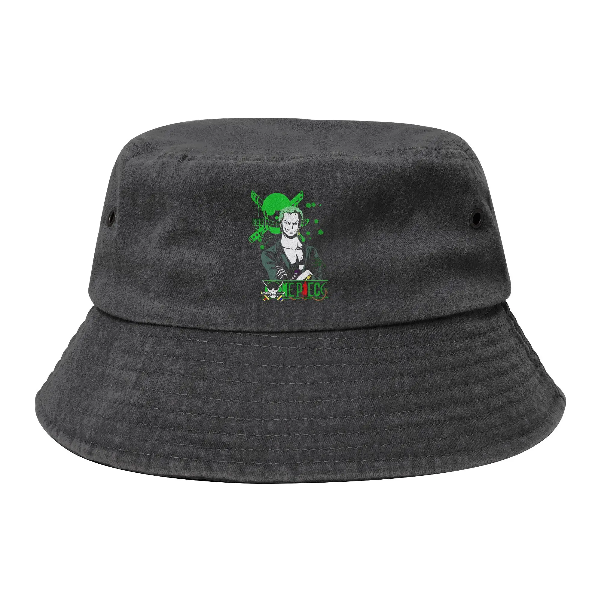 Spring One Piece Anime Bucket Hats Teen Distressed Denim Washed Sun Hat Pirate Hunter Zoro Bob Fishing Caps