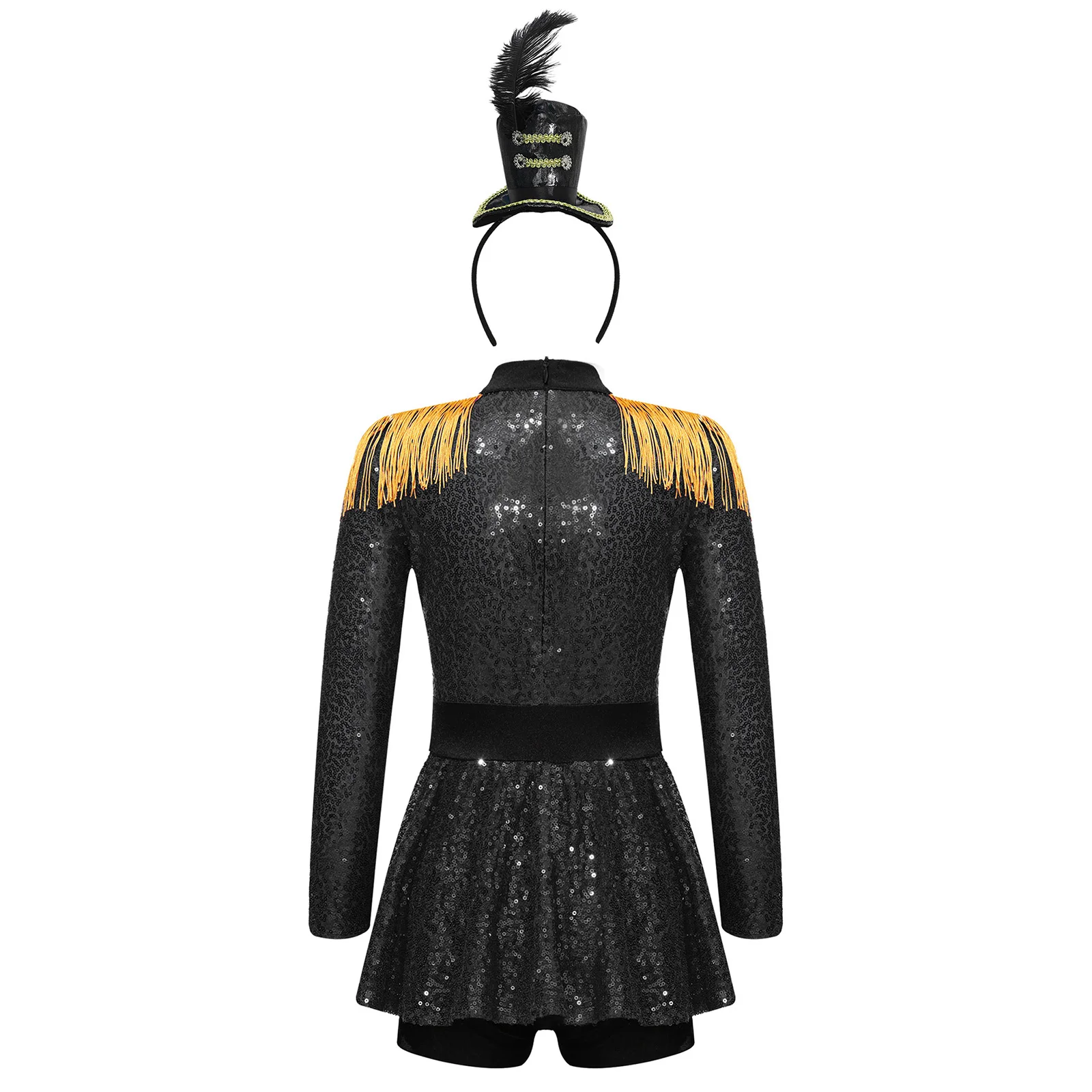 Kids Girls Carnival Party Circus Ringmaster Cosplay Performance Costume Long Sleeve Sequin Bodysuit Dress with Top Hat Headband