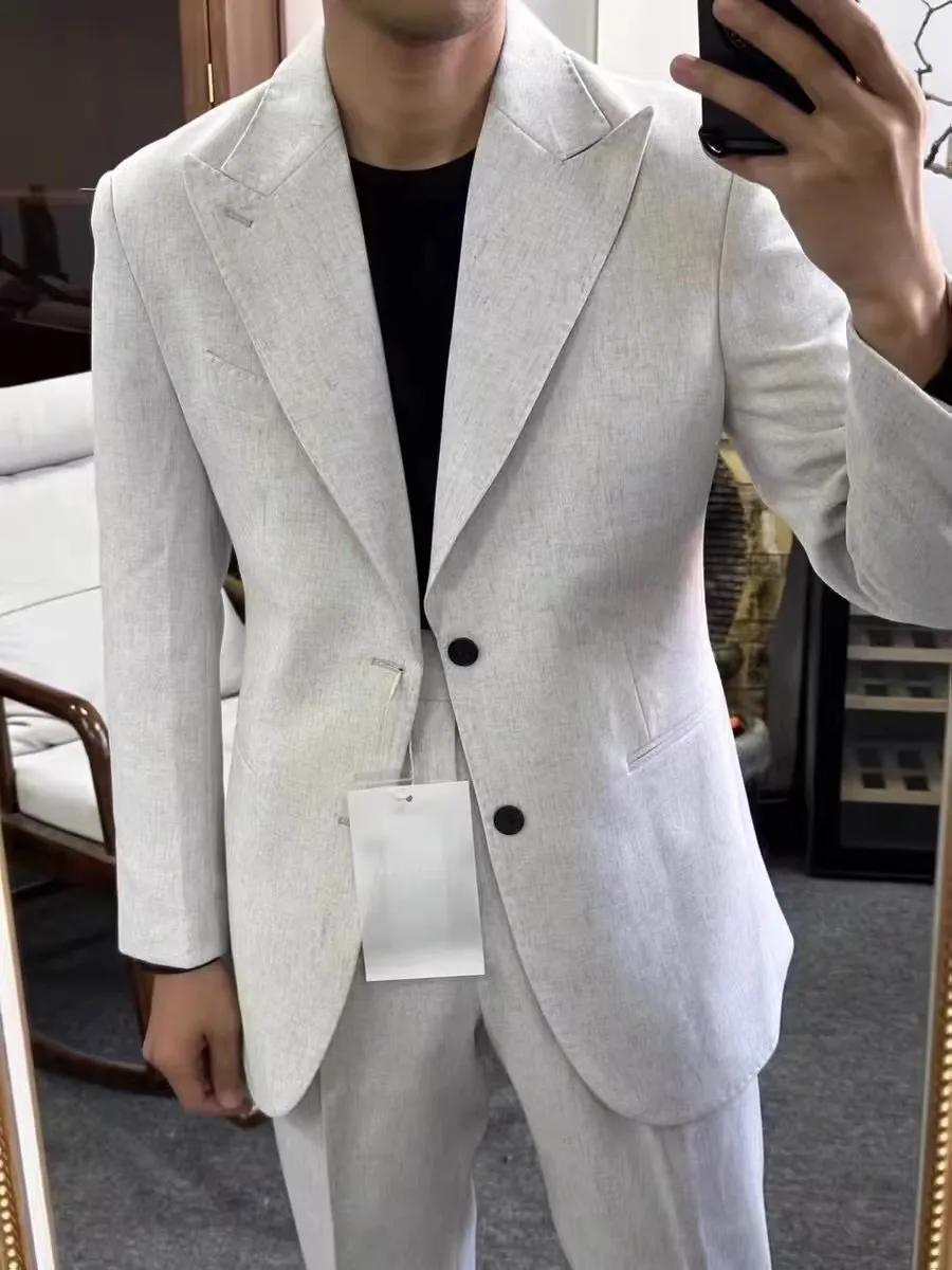 

New 2025 Men's Slim Fit Linen Blend Suit Jacket Neapolitan Style Big Collar Lightweight Breathable Casual Business Wear