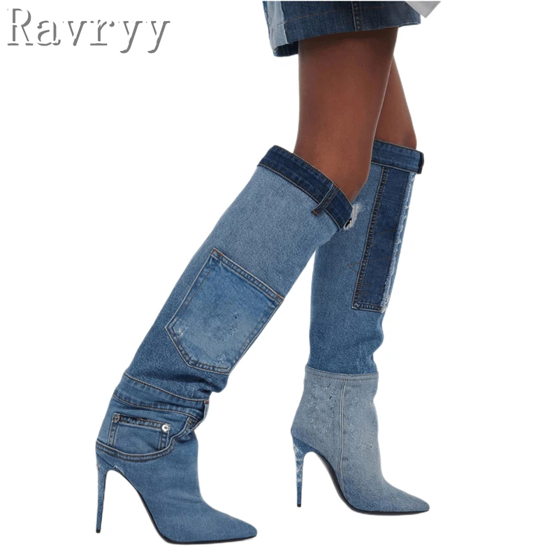 

Autumn Winter New Denim High Heel Boots Women Pocket Design Pointed Toe High Heel Sexy Motorcycle Knee Length Boots