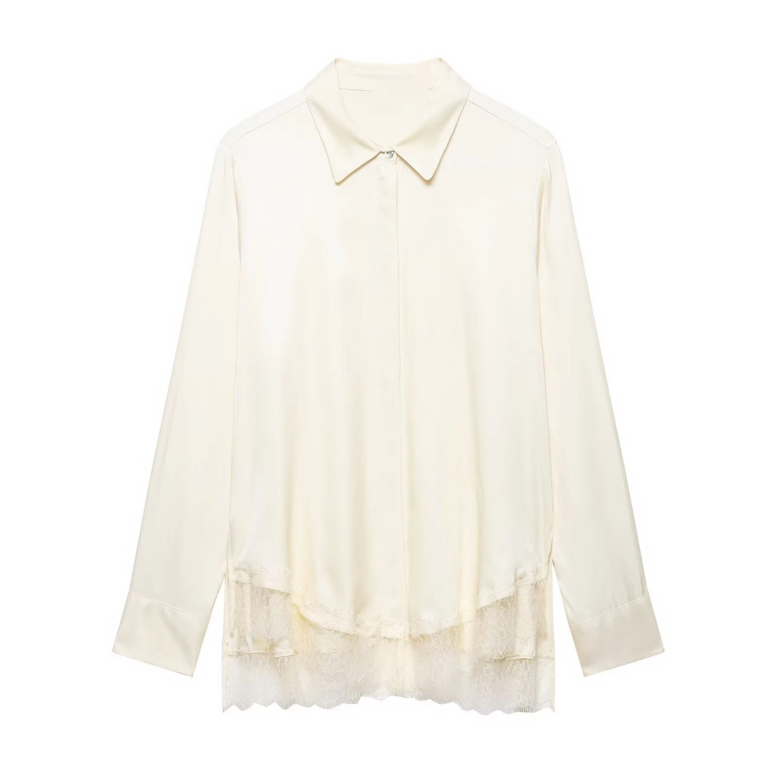 

Элегантная атласная шелковая блузка для женщин с кружевными вставками, длинным рукавом, офисный стиль, весна 2026, шикарная белая рубашка на пуговицах, женская сорочка