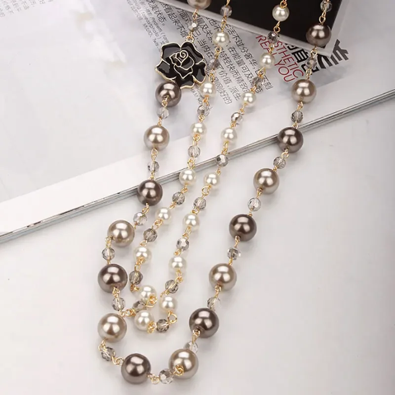 Luxury Camellia CC double layerd Necklace sweater long chain pearl necklace pendant jewelry for women party
