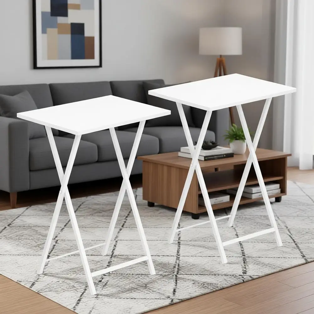

Industrial Style Metal TV Tray Tables, Set of 2, Compact Side Tables for Small Spaces, Easy Assembly, White