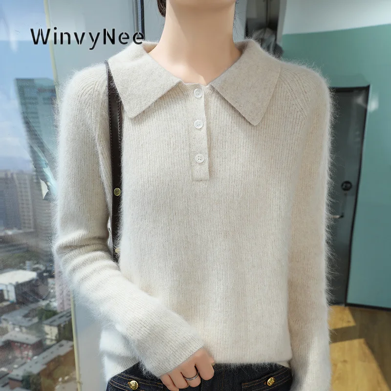 WinvyNee Women Knit Jumper Mink Velvet Lapel Brushed Fabric Soft Touch Elegant Attire Office Casual Dating Basic Looks ZA1248049