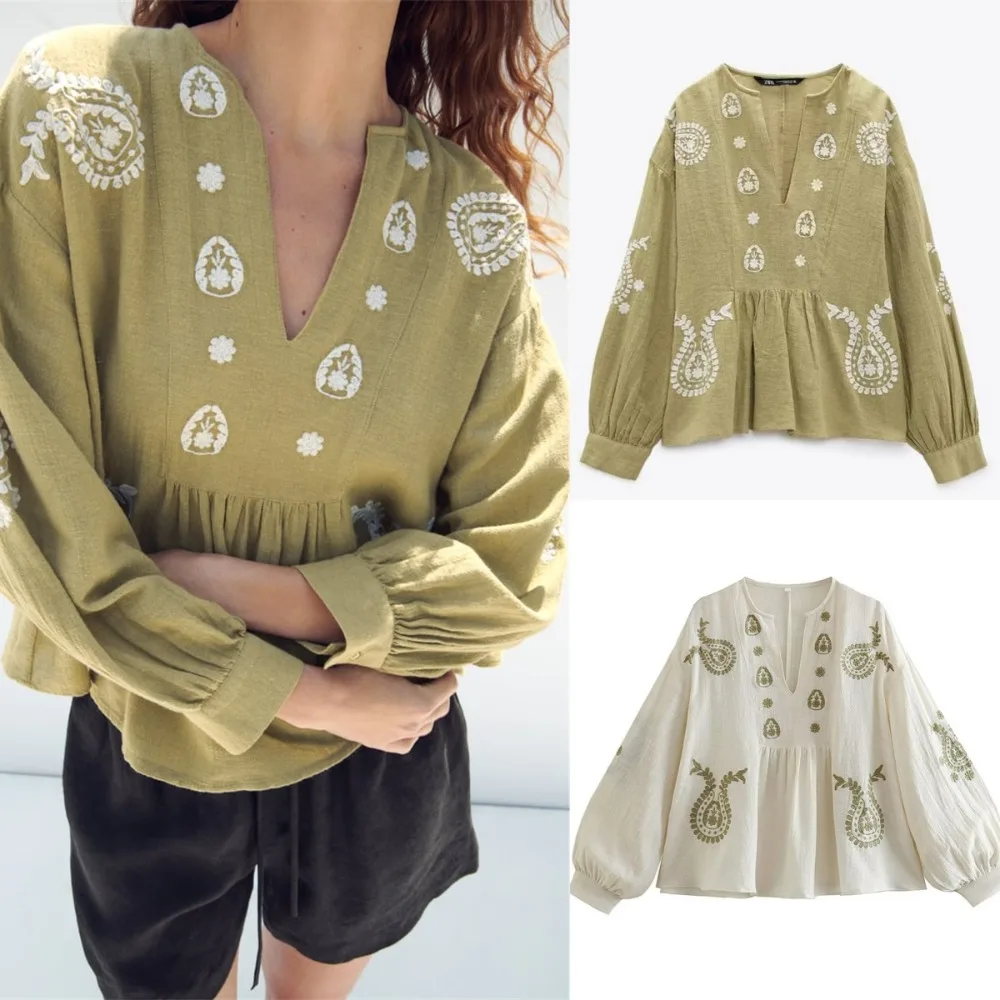 

2025 Summer New Women's V Neck Lantern Sleeve Loose Casual Blouse Floral Embroidery Cotton Shirt Top Solid Color Tops
