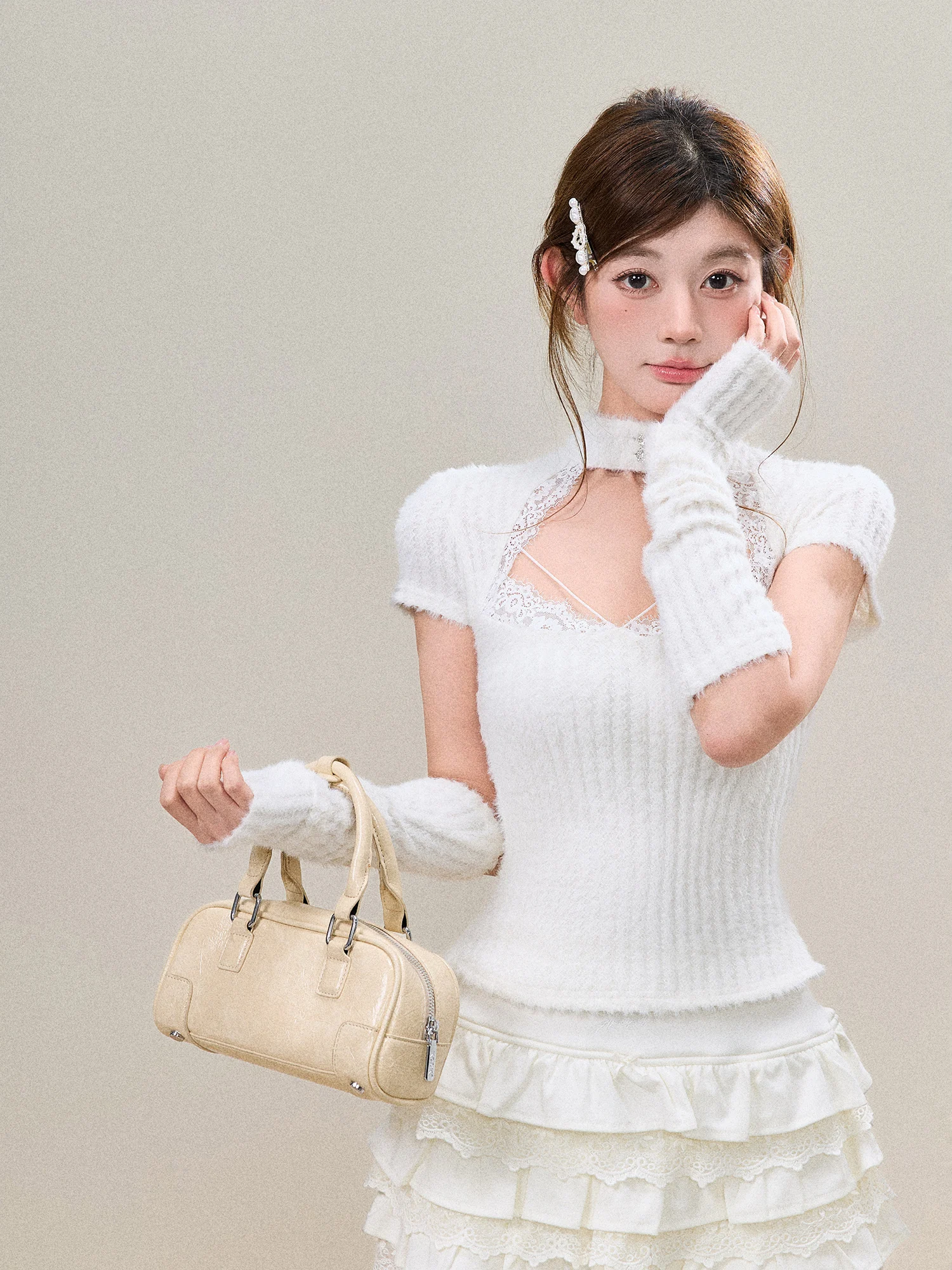 

Swee Gentle Girl Sle Lace Splicing Knitted Top Women's Spring Elegance White Boting Knitted Sweater ort Sve Regul...