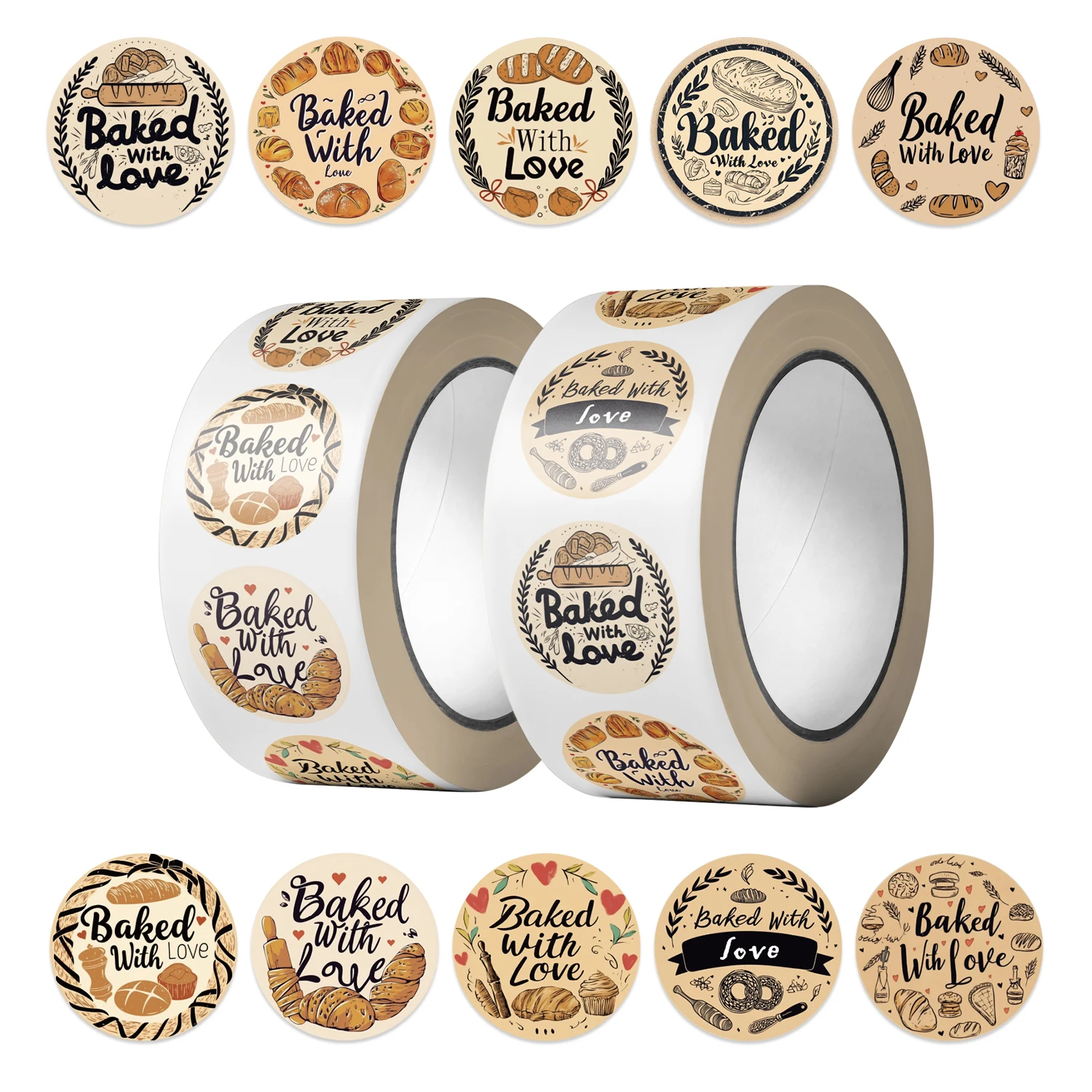 500pcs Baked with Love Stickers Designs Decals for Crafts Junk Journals Scrapbooking Creative Projects Roll Stickers