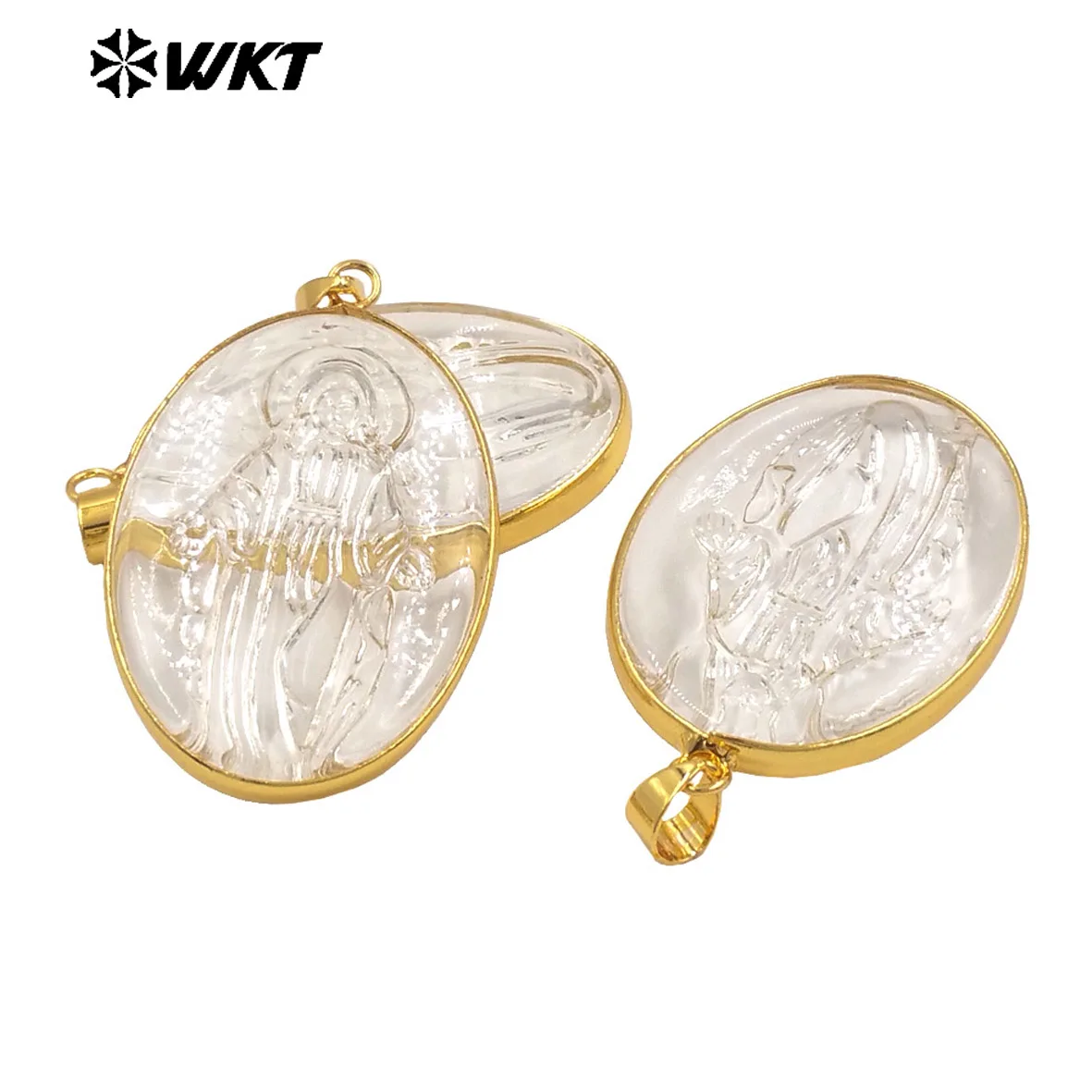 

WT-JP427 Новое поступление прозрачный кристалл кварца овальной формы религиозная фигура резьба кулон изготовление ювелирных изделий
