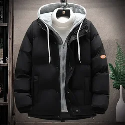 Jaqueta grossa quente de capuz puffer masculina, casacos acolchoados de algodão casual, roupas da moda superior, dois parkas falsos, inverno