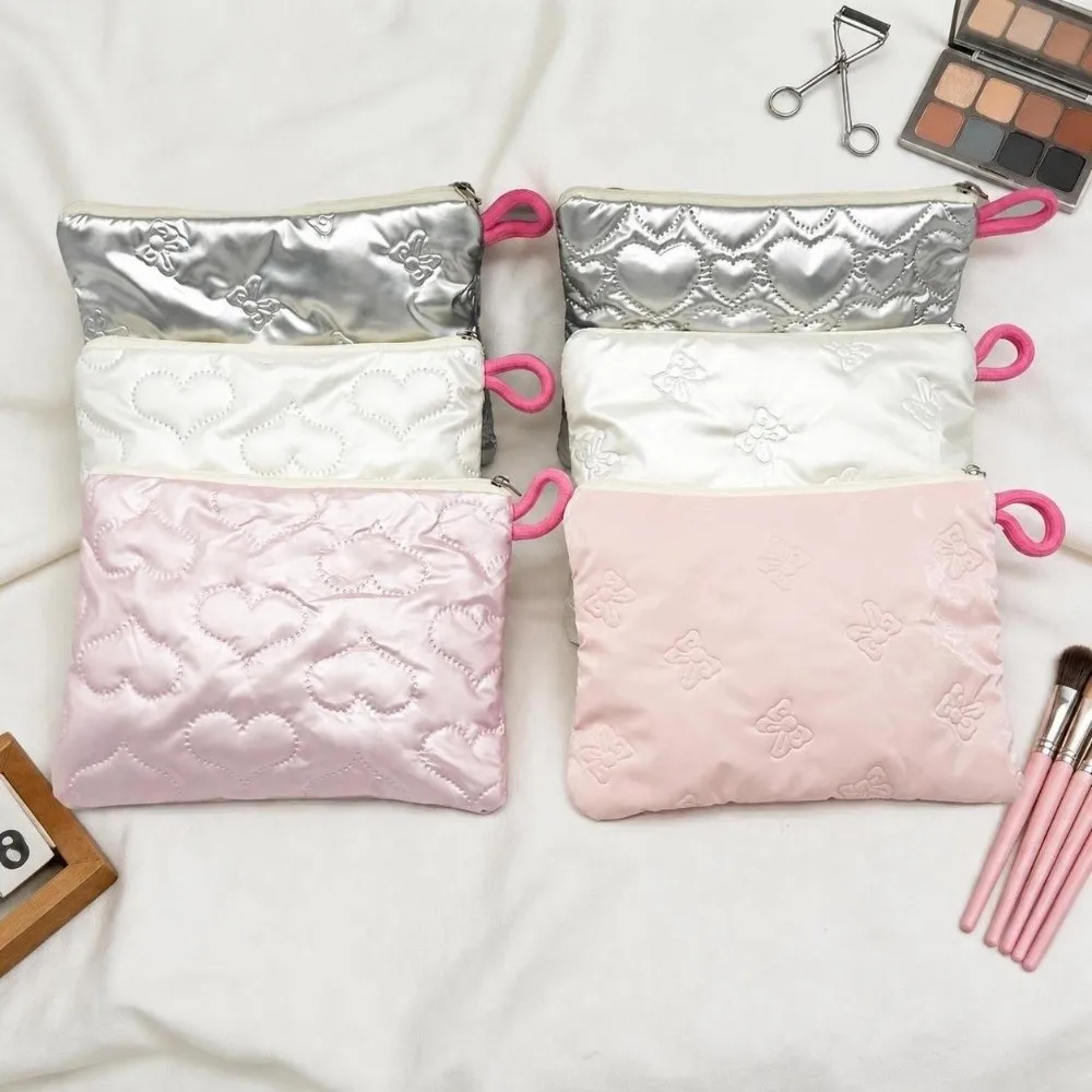 Kawaii Multi-function Cosmetic Pouch Embossed Heart Satin Material Quilted Makeup Bag Bow Decoration Lipstick Storage Bag Girls