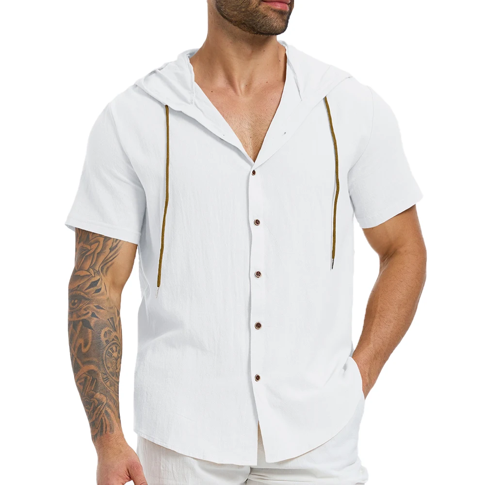Summr Short Sleeve Shirts for Men Hooded Fashion Design Solid Color Breathable Lightweight Cotton Linen Cozy Casual Button Top