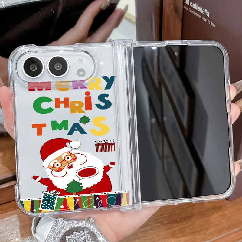 Coque de téléphone transparente à motif de Père Noël pour iPhone Duo, coque rigide en acrylique avec protection antichoc et charnière, design pliable.