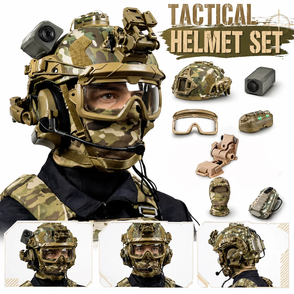 

Assault Tactical Helmet Set With Camera Model Lightweight Protective Headgear Training Gear Kit for Airsoft Wargame CS Cosplay