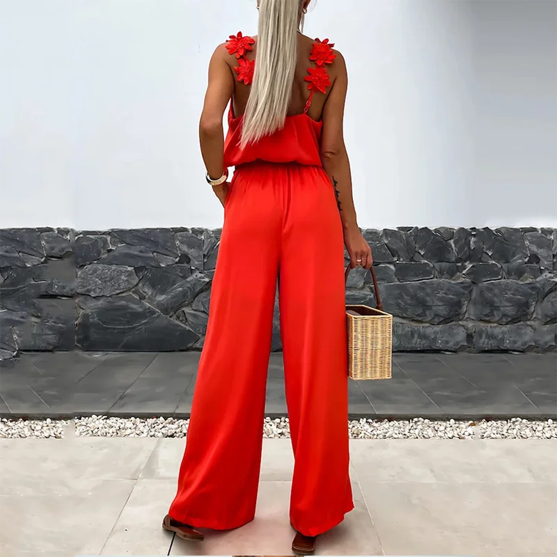 春夏の女性のセクシーなオフショルダーサスペンダージャンプスーツファッションカジュアル無地ノースリーブポケット付きハイウエストジャンプスーツ