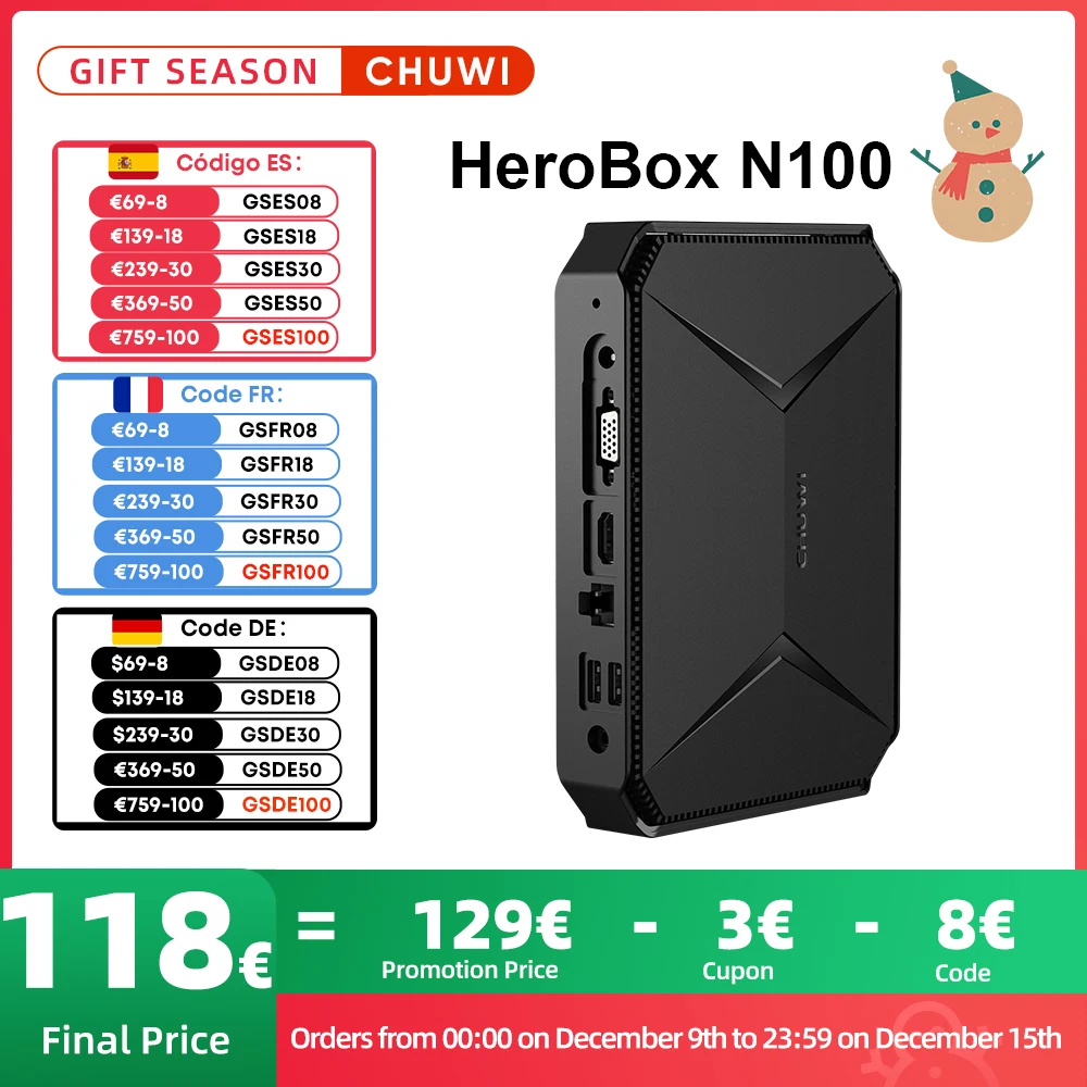 CHUWI Herobox Mini PC Intel 12th N100 Quad Core 8GB LPDDR5 256G SSD Windows 11 Wifi 6 Bluetooth 5.2 Wtih HD Port VGA 3.5mm Port