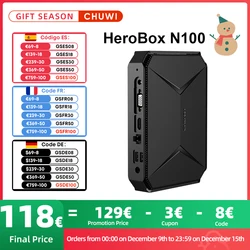 CHUWI Herobox Mini-PC Intel 12. N100 Quad Core 8 GB LPDDR5 256 GB SSD Windows 11 Wifi 6 Bluetooth 5.2 mit HD-Anschluss VGA 3,5-mm-Anschluss